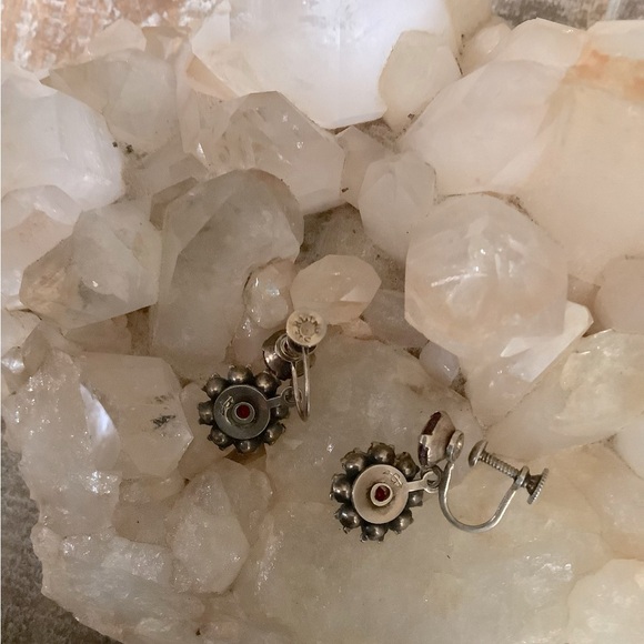 Vintage Red Sterling Silver Screw Back Earrings - Picture 3 of 5